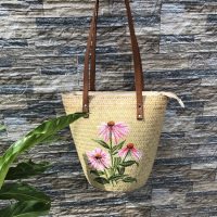 Túi mây tre đan đeo vai hoa cánh sen hồng phối quai da
