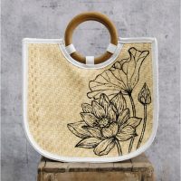Túi mây tre đan xách tay hoa sen quai gỗ tròn