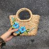 Túi mây tre đan xách tay mini hoa ruy băng xanh dương