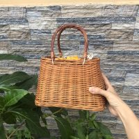Túi mây tre đan xách tay nữ dáng chuông nhỏ gọn quai tròn song đôi