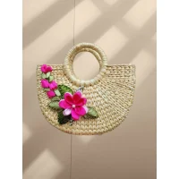 Handmade rattan handbag with fabric flowers