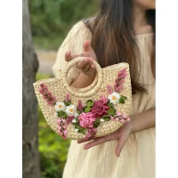 Handmade rattan handbag with embossed roses