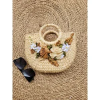 Handmade rattan handbag with embossed brown cream flowers
