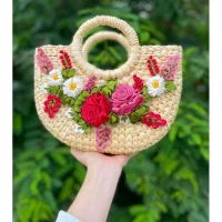 Handmade rattan handbag with colorful embossed flowers
