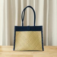 Square Woven Tote Bag with Fabric Trim – Eco-Friendly Handbag for Shopping & Daily Use