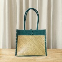Square Woven Tote Bag with Green Fabric Trim – Eco-Friendly Handmade Shopping Bag