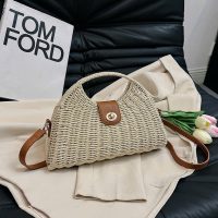 Woven Rattan Crossbody Bag with Leather Flap and Round Lock