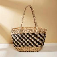 Striped Woven Straw Tote Bag – Large Beach Shoulder Bag