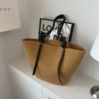 Large Woven Tote Bag with Black Leather Handles – Casual Summer Shoulder Bag
