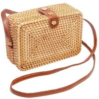 Rectangular Woven Rattan Crossbody Bag with Leather Strap