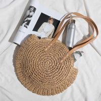 Large Round Rattan Tote Bag with Leather Straps – Boho Summer Beach Handbag