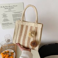 Striped Woven Rattan Tote Bag with Pom Pom Charm