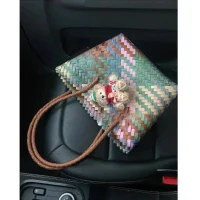 Colorful Handwoven Rattan Tote Bag with Teddy Charm