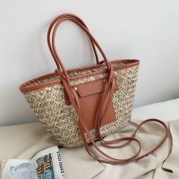 Large Woven Rattan Tote Bag with Leather Details