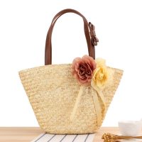 Woven Rattan Tote Bag with Floral Decor
