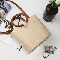 Round Handle Woven Crossbody Tote Bag