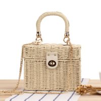 Woven Rattan Square Handbag with Gold Chain Strap