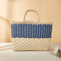 Two-Tone Woven Straw Tote Bag with Short Handles