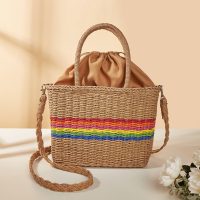 Handmade Rattan Tote Bag with Rainbow Stripes and Drawstring Lining
