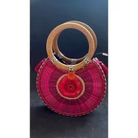 Handwoven Rattan Bag with Red Floral Design