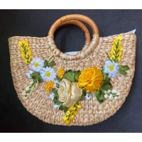 Handwoven Rattan Bag with Embroidered Floral Design