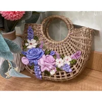 Handwoven Rattan Bag with Purple Floral Embroidery