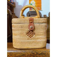 Mini Woven Rattan Basket Bag with Leather Strap and Button Closure