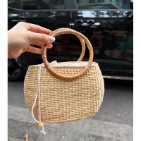 Handwoven Rattan Bag with Round Wooden Handle