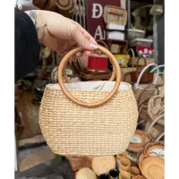 Mini Woven Rattan Handbag with Wooden Handle