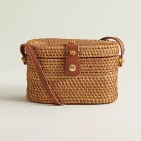 Oval Woven Rattan Crossbody Bag with Leather Strap