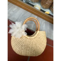Woven Rattan Bag with Floral Accent and Wooden Handles