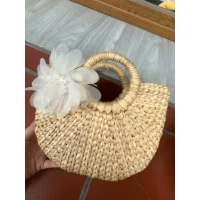 Mini Woven Straw Bag with Floral Decoration and Wooden Handle
