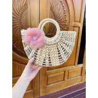 Handmade Rattan Bag with Pink Flower & Pearl Chain