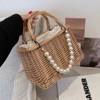 Handwoven Rattan Bag with Pearl Handle