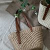 Handwoven Brown Straw Tote Bag with Faux Leather Straps