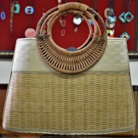 Beige & Natural Woven Handbag with Round Handles