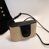 Small Black Rattan Crossbody Bag with Leather Flap