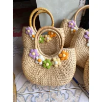 Handmade Rattan Bag with Crochet Flowers
