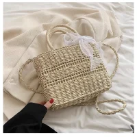 Handwoven Rattan Tote Bag with Ribbon