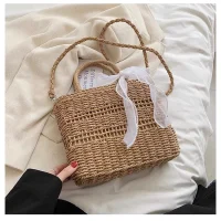 Woven Rattan Shoulder Bag with Ribbon