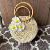 Handwoven Round Rattan Bag with Daisy Flower Decor