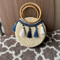 Round Rattan Handbag with Wooden Handles & Tassel Decor