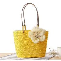 Handmade Yellow Woven Tote Bag with Flower Accent