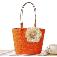 Handmade Orange Woven Tote Bag with Flower Accent