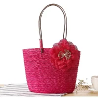 Handmade Red Woven Tote Bag with Flower Accent
