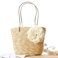 Handmade Woven Rattan Tote Bag with Flower Decor