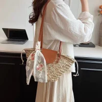 Handmade Rattan Shoulder Bag with Embroidered Scarf