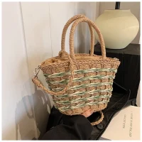 Handmade Woven Rattan Tote Bag with Green Stripes