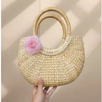 Handmade Rattan Handbag with Pearl & Pink Flower