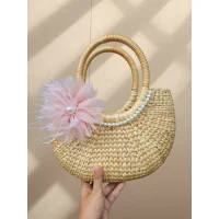 Handmade Rattan Handbag with Pearl Chain & Large Pink Flower